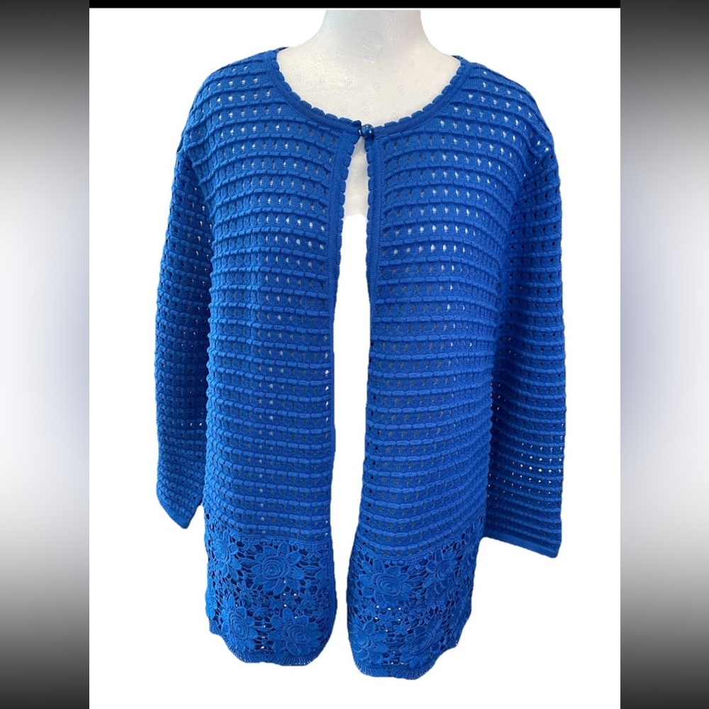 Alfred‎ Dunner Royal blue faux twinset crocheted sweater ladies size medium knit